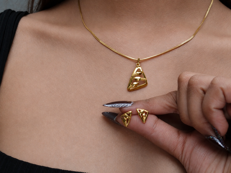Golden Triangular Openwork Pendant & Stud Set – view 4