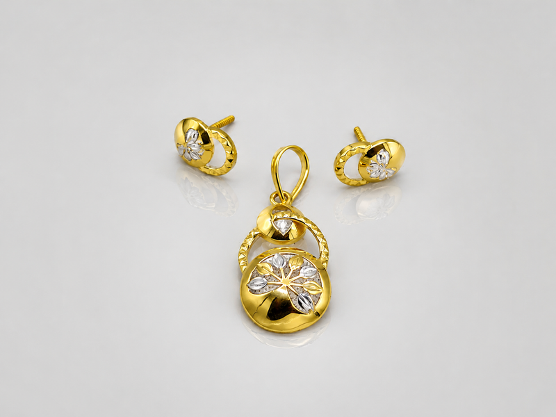 Two-Tone Golden Round Basket Pendant & Stud Set – view 2