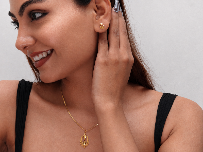 Golden Hexagon Fan Pendant & Stud Set – view 3