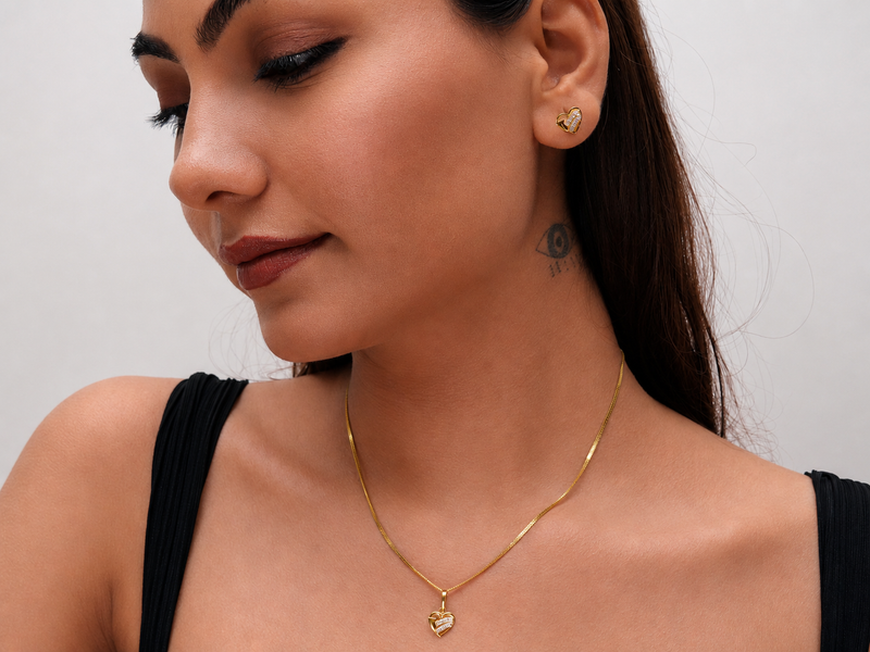 Golden CZ Stripe Heart Pendant & Stud Set – view 3