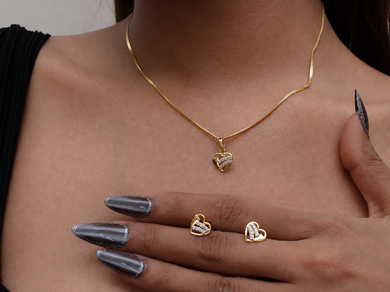 Golden CZ Stripe Heart Pendant & Stud Set – view 5