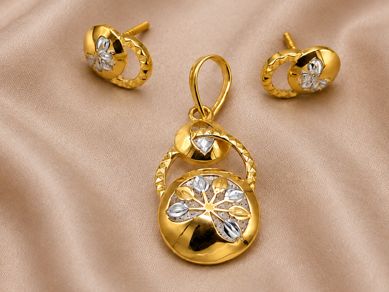 Two-Tone Golden Round Basket Pendant & Stud Set