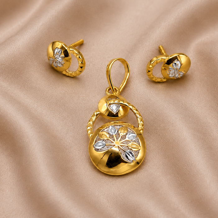 Two-Tone Golden Round Basket Pendant & Stud Set