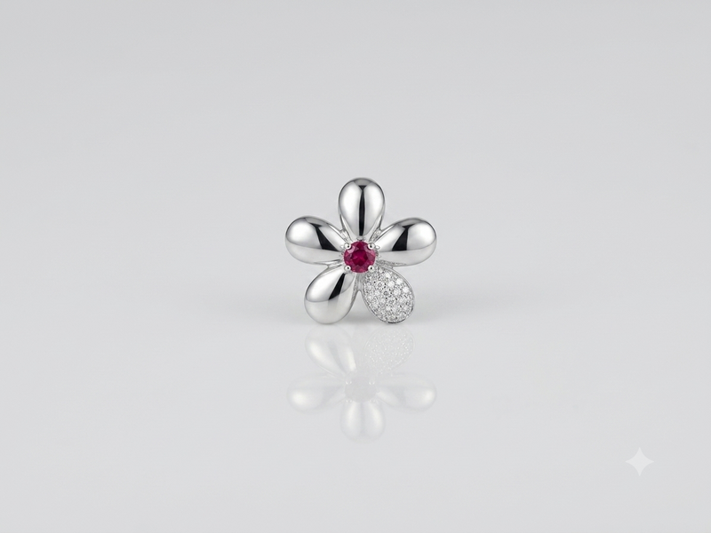 Silver Ruby Centre Five-Petal Flower Pendant – view 2