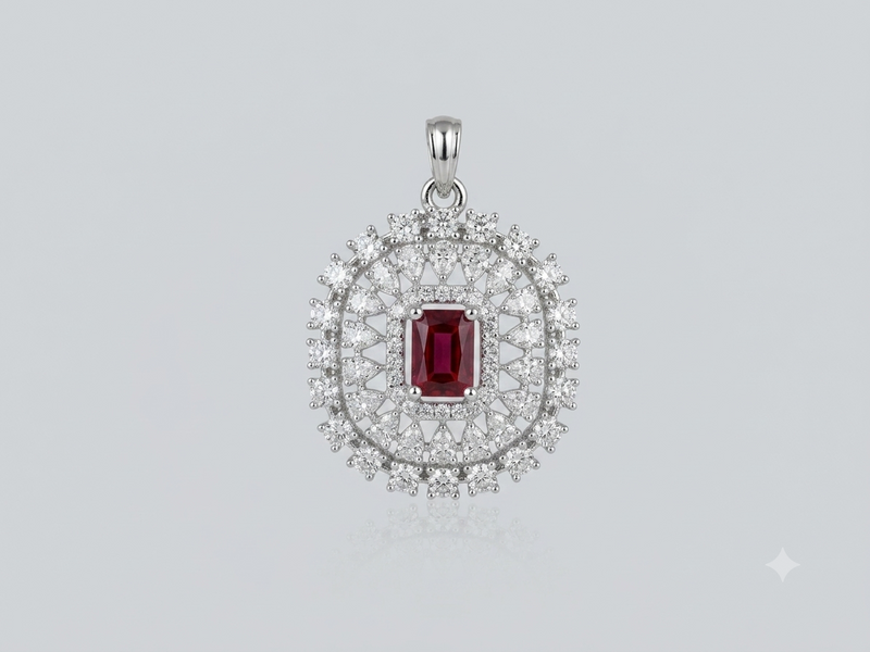 Silver Ruby Oval Double Halo Pendant – view 2