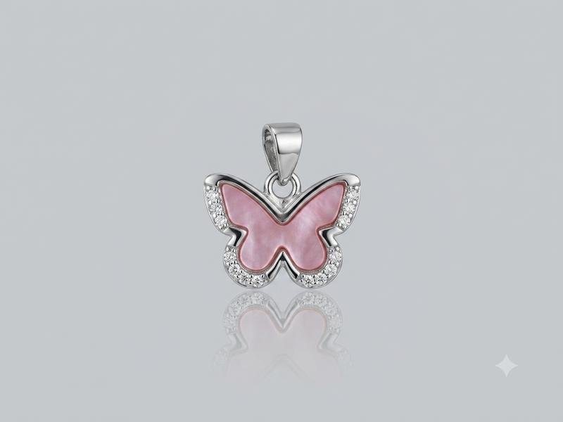 Silver Pink Enamel Pave Butterfly Pendant – view 2