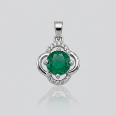 Silver Emerald Round Clover Frame Pendant – view 2