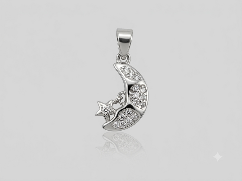 Silver Pave Crescent Moon & Star Pendant – view 2
