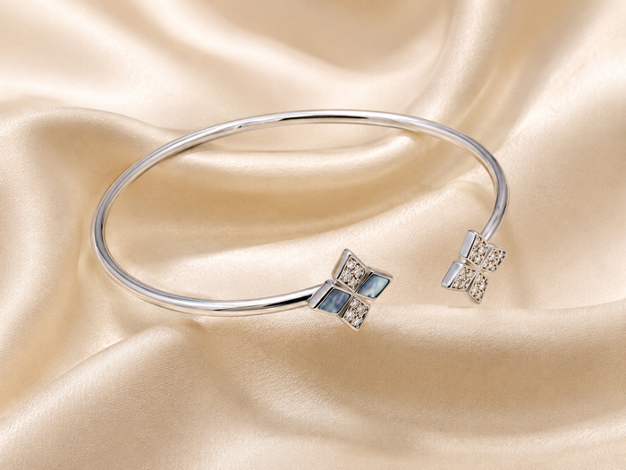 Silver Blue Stone Square Open Cuff Bracelet