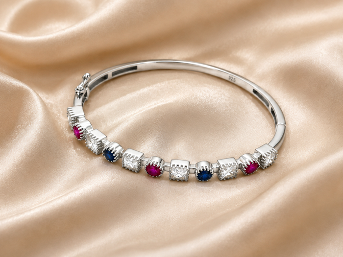 Silver Multicolour Stone Station Bangle Bracelet