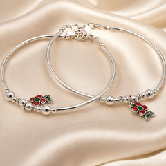Silver Red Berry Charm Beaded Bracelet