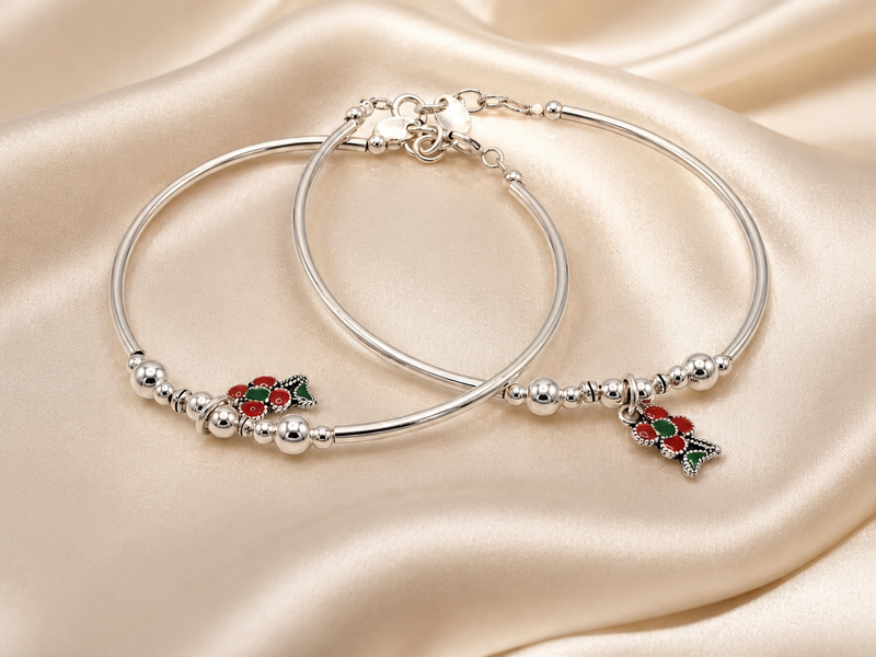 Silver Red Berry Charm Beaded Bracelet
