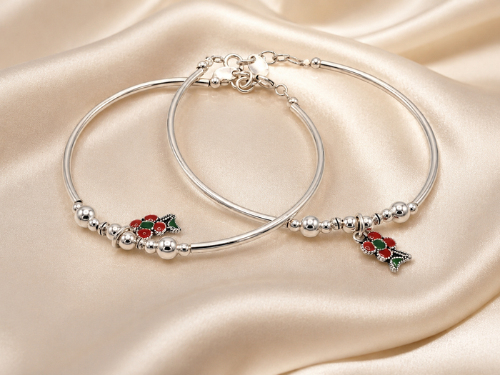 Silver Red Berry Charm Beaded Bracelet