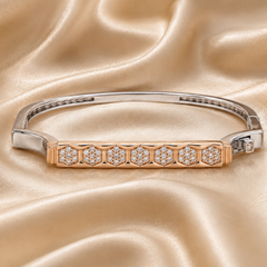 Silver Bangle with Rose Gold Honeycomb CZ Bar