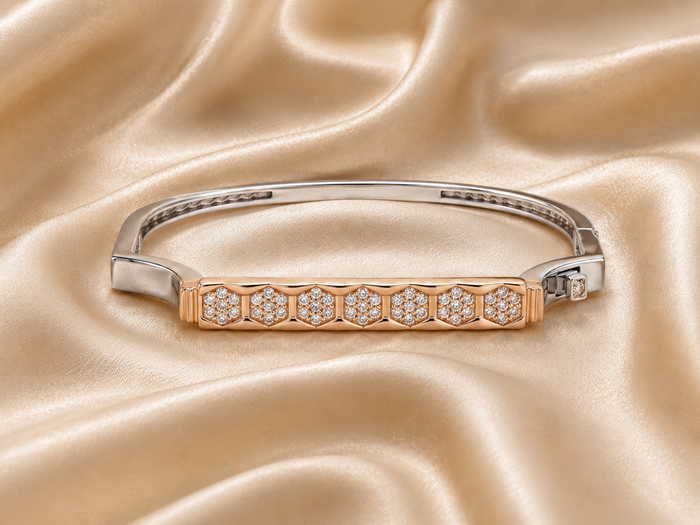 Silver Bangle with Rose Gold Honeycomb CZ Bar