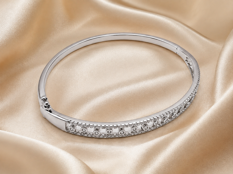 Silver CZ & Oxidised Eye Motif Hinged Bangle
