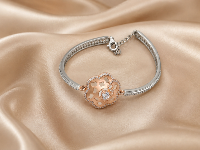 Silver Bracelet with Rose Gold Clover Medallion