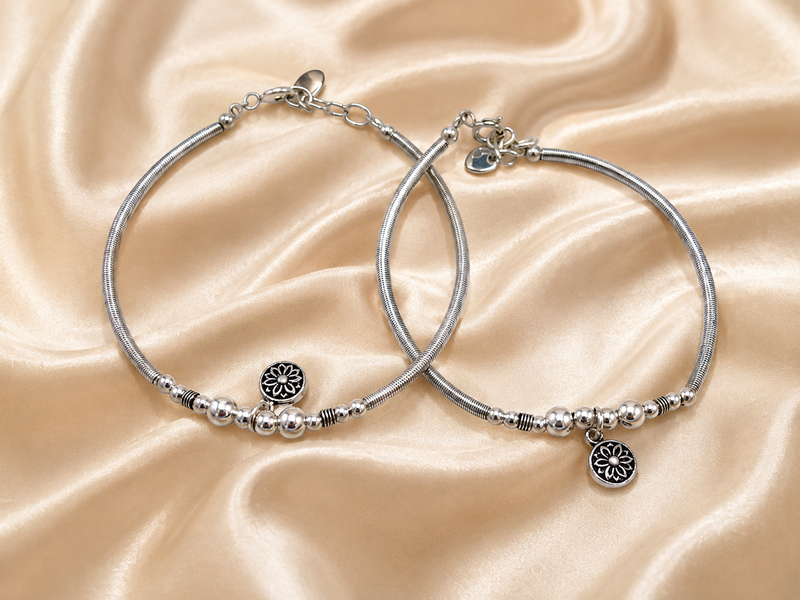 Oxidised Silver Mandala Charm Beaded Bracelet