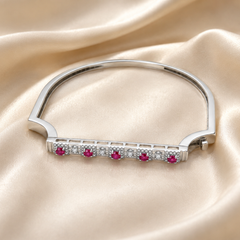 Silver Pink & White CZ Bar Hinged Bangle