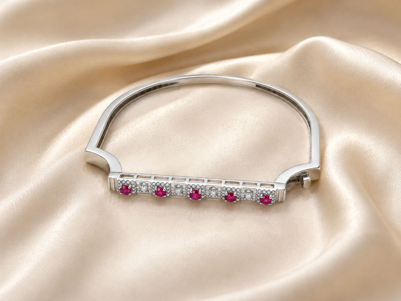 Silver Pink & White CZ Bar Hinged Bangle