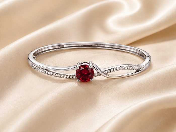 Silver Red Solitaire Crossover Bangle Bracelet