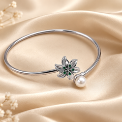 Silver Green Flower & Pearl Open Cuff Bracelet