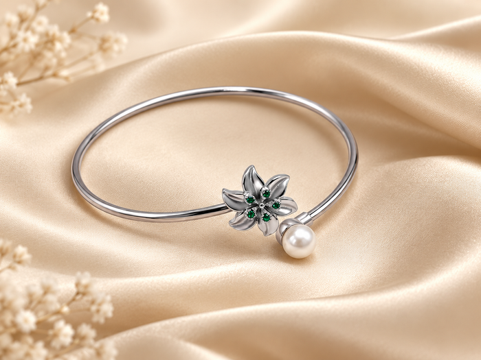 Silver Green Flower & Pearl Open Cuff Bracelet