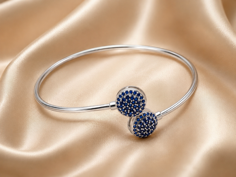 Silver Blue Pave Twin Disc Bangle Bracelet