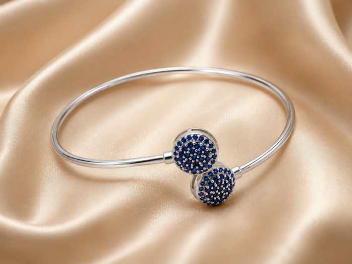 Silver Blue Pave Twin Disc Bangle Bracelet
