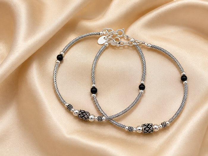Oxidised Silver Black Bead Rope Bracelet