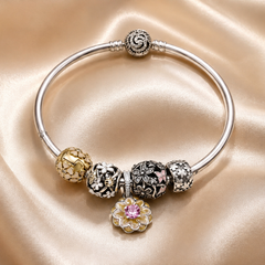 Silver Charm Bead Bangle with Gold-Tone Accents