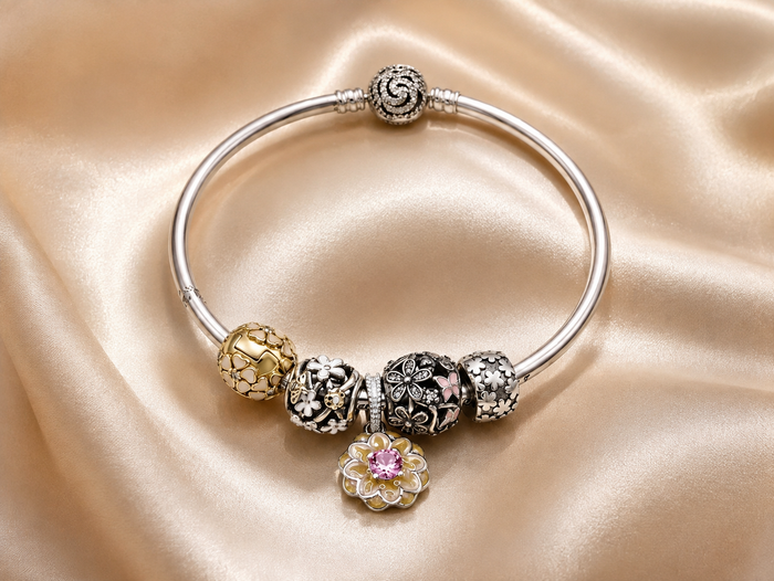 Silver Charm Bead Bangle with Gold-Tone Accents