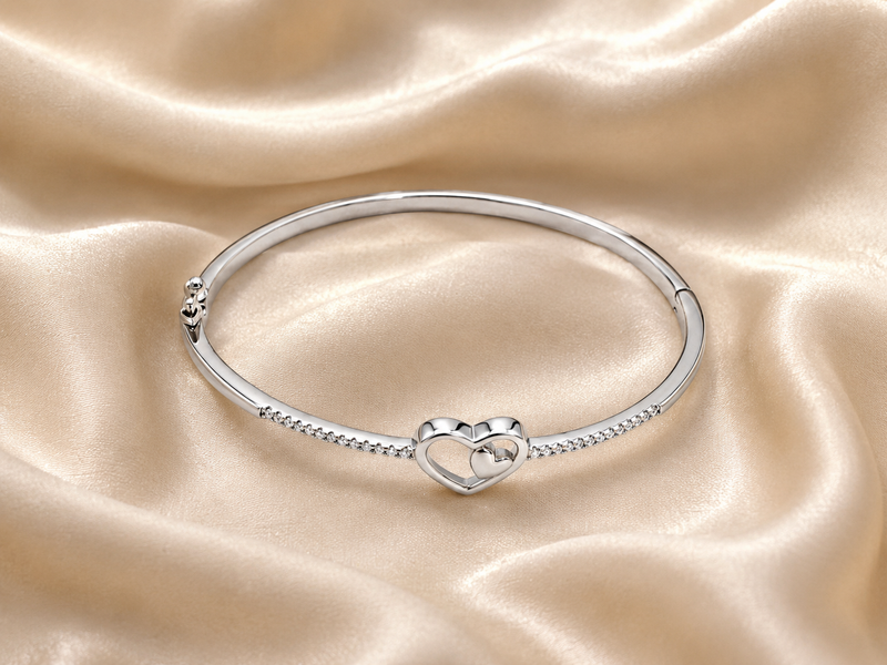 Silver Interlocking Open Heart Bangle Bracelet