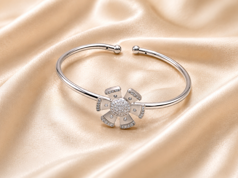 Silver Pinwheel CZ Flower Cuff Bracelet