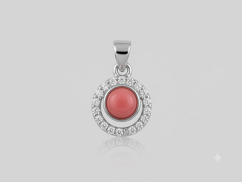 Silver Coral Round Stone Halo Pendant – view 2