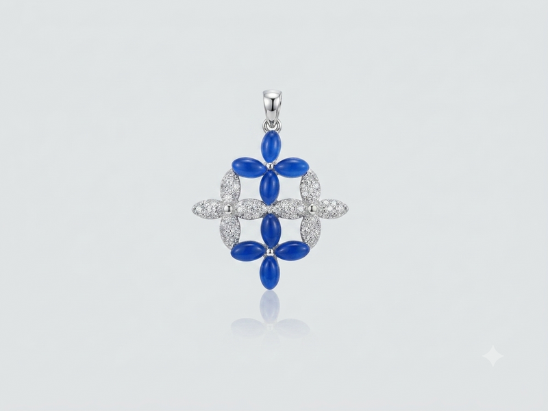 Silver Blue Petal Lattice Cross Pendant – view 2
