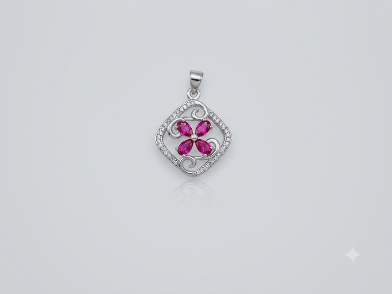 Silver Pink Flower Pave Square Frame Pendant – view 2