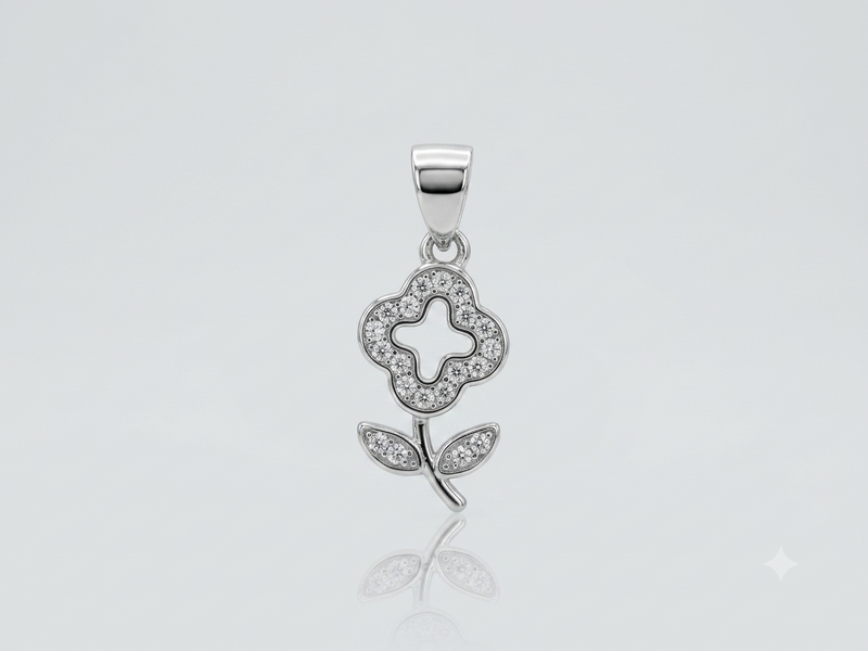 Silver Pave Clover Bloom Stem Pendant – view 2