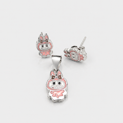Silver Pink Enamel Bunny Pendant & Stud Set – view 2