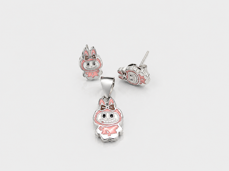 Silver Pink Enamel Bunny Pendant & Stud Set – view 2