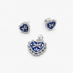 Silver Blue Enamel Bow Heart Pendant Set – view 2