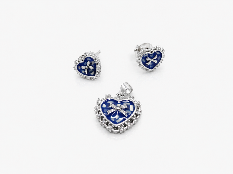 Silver Blue Enamel Bow Heart Pendant Set – view 2
