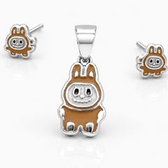 Silver Brown Enamel Bunny Pendant & Stud Set – view 2