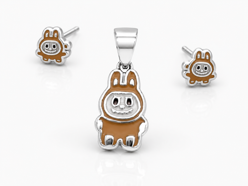 Silver Brown Enamel Bunny Pendant & Stud Set – view 2