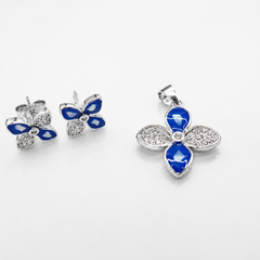 Silver Blue Enamel Four-Petal Flower Pendant Set – view 2