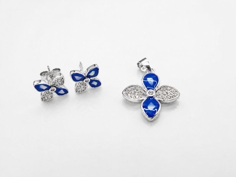 Silver Blue Enamel Four-Petal Flower Pendant Set – view 2