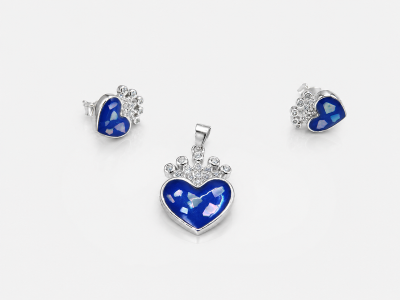 Silver Blue Heart & CZ Crown Pendant Set – view 2