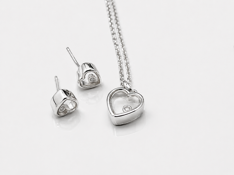 Silver Floating CZ Heart Pendant & Stud Set