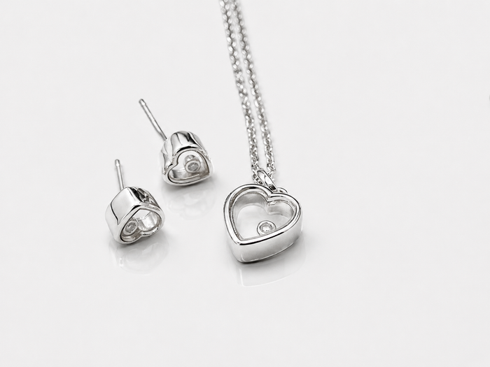 Silver Floating CZ Heart Pendant & Stud Set