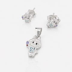 Silver Enamel Kitty Charm Pendant & Stud Set – view 2